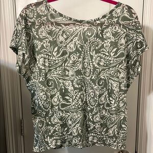 Tahari Green and White Boxy Blouse with Elegant Print